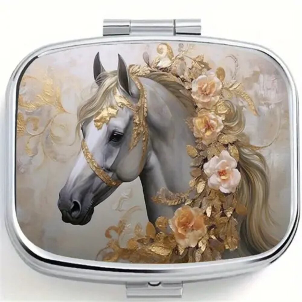 SALE -  1pc.  Grey Horse & Flowers Pill Box - NEW